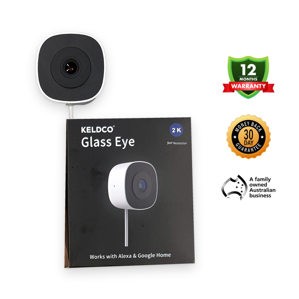 KeldCo Glass Eye 2K window security camera with its retail box. 12-month warranty, 30-day money-back guarantee, Australian family owned