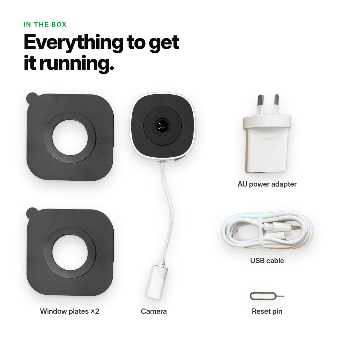 What's in the box: two window plates, Glass Eye camera with its lead, AU power adapter, USB cable and reset pin