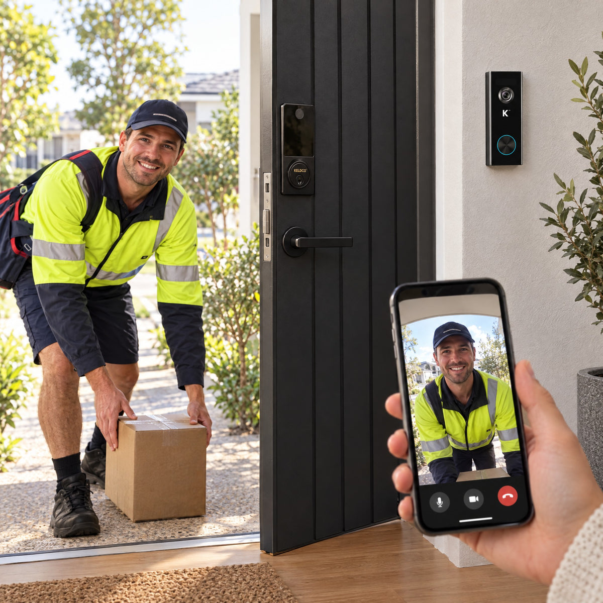 Courier leaves a parcel inside while the homeowner talks through the KeldCo DoorMate doorbell