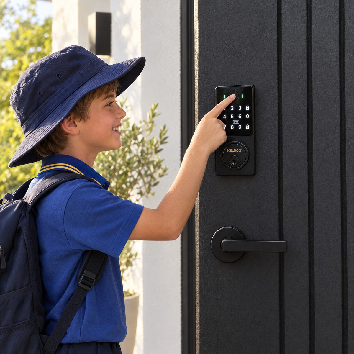 Child home from school unlocking Door Nerve with a fingerprint